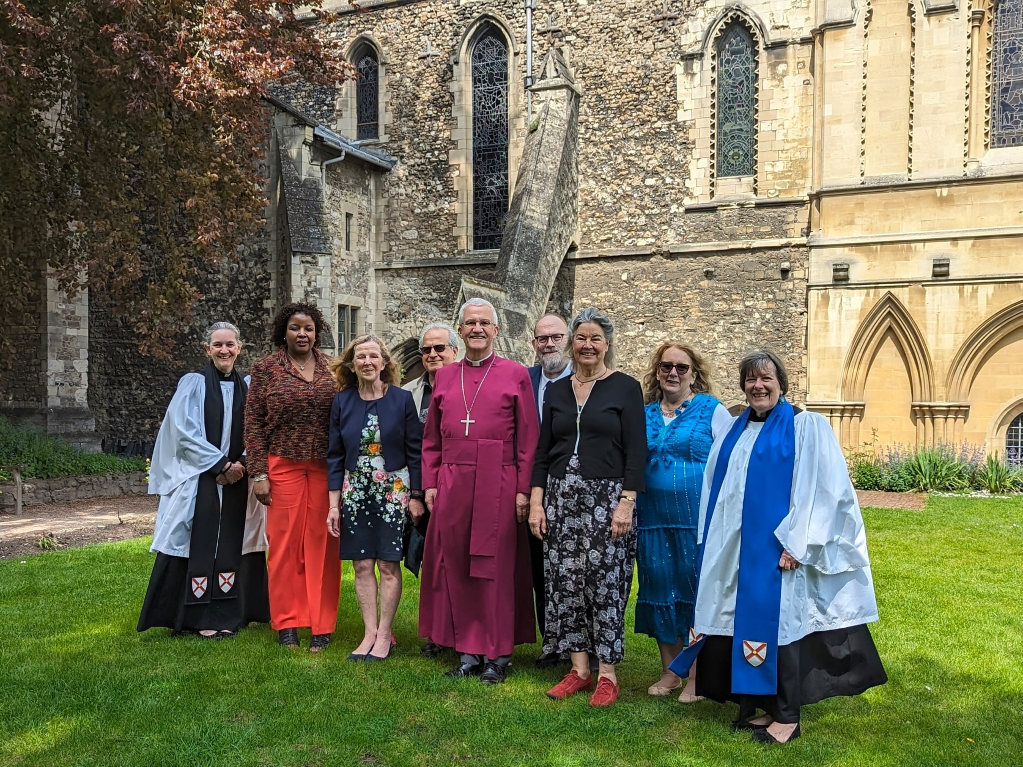 Six new Lay Ministers stand with Bishop Jonathan outside Rochester Cathedral